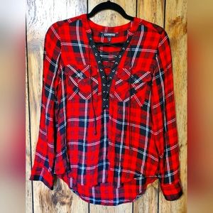 EXPRESS Buffalo Plaid Lace Tie up Long Sleeve Top XSMALL V Neck Red Black